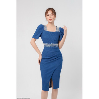 Đầm ôm tay nhún cổ đính hạt. Hàng TK