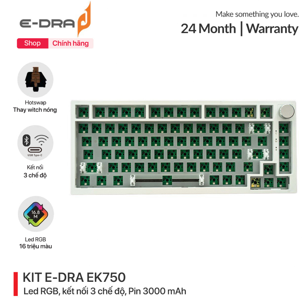 Bộ KIT bàn phím cơ chơi game không dây E-Dra EK750 RGB 3 Mode - Mạch xuôi - Sẵn foam - 3 chế độ kết nối