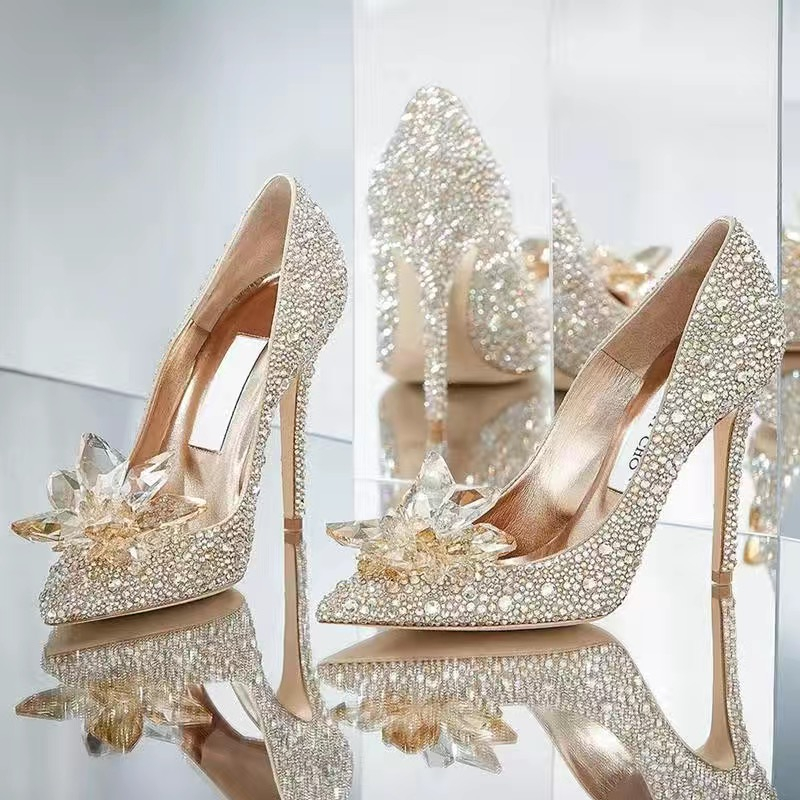 S007 Cao gót 6cm pha lê dự tiệc kim cương nơ mũi nhọn giày stiletto nữ