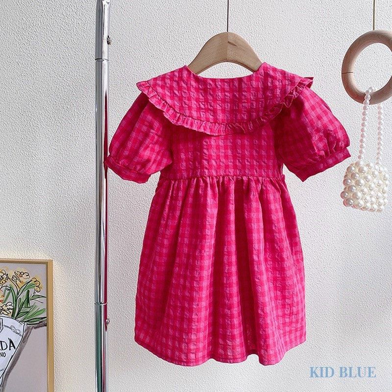 Váy Bé Gái Kẻ Hồng Thiết Kế Cổ Bèo Đi Học Đi Chơi Siêu Xinh