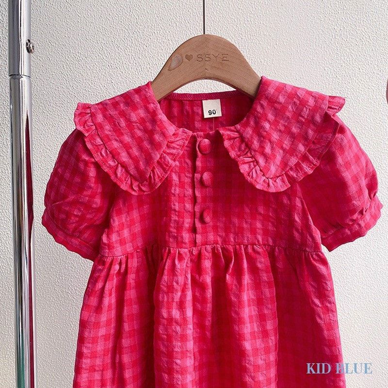 Váy Bé Gái Kẻ Hồng Thiết Kế Cổ Bèo Đi Học Đi Chơi Siêu Xinh