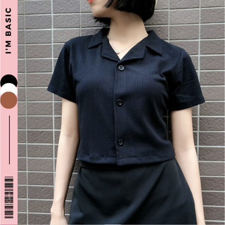 Áo Croptop Cổ Vest Màu Đen Polo Nữ Ngắn Tay Vải Thun Tăm Co Giãn Thoáng Mát Croptop ngắn tay Ulzzang I'm Basic