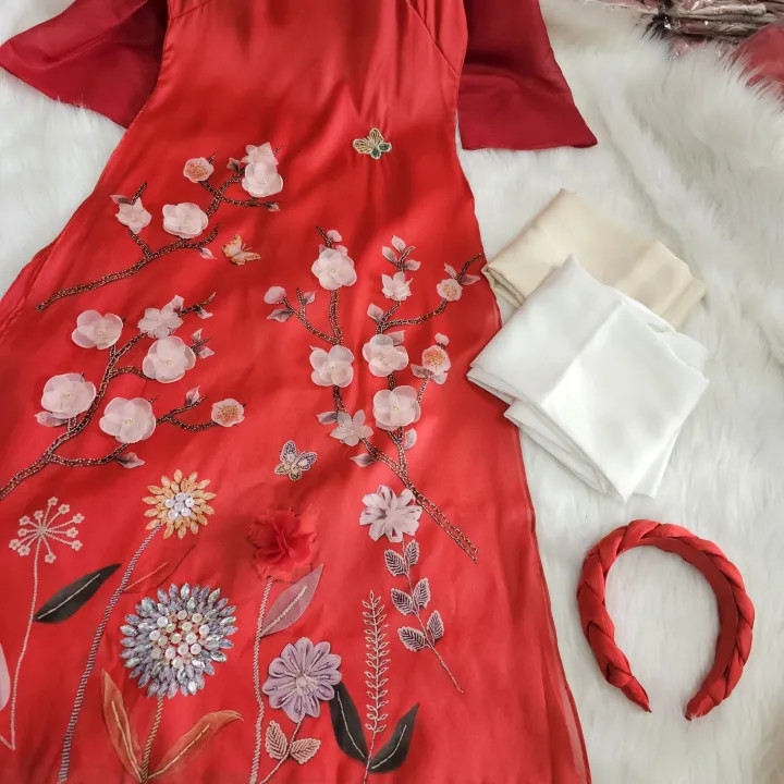 Áo dài cách tân nữ Mộc Trà các màu, 4 tà tơ ánh lót lụa, đính kết thủ công cao cấp - Mai Áo Dài