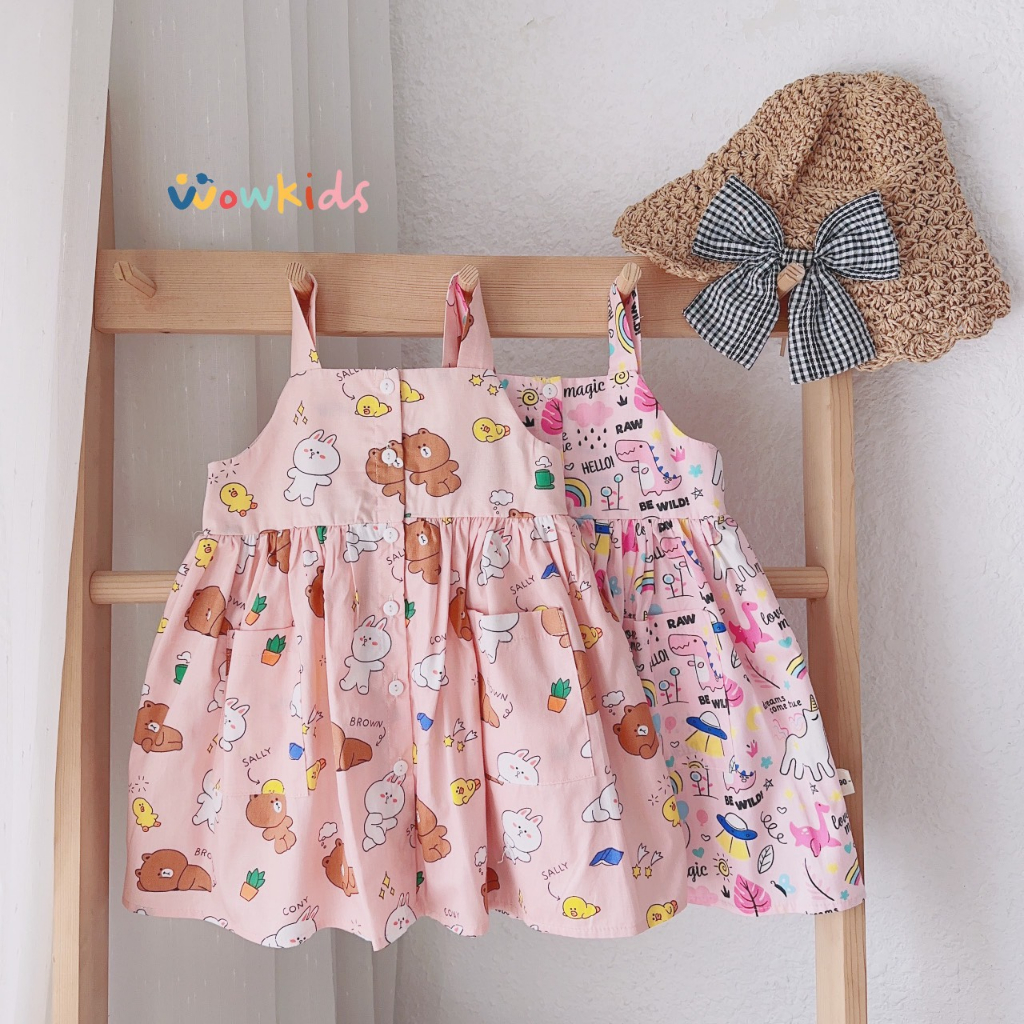 Váy 2 Dây Cho Bé Gái, Đầm Bé Gái WOWKIDS Họa Tiết Đáng Yêu Chất Liệu Thô Hàn Mềm Mại, Thoáng Mát