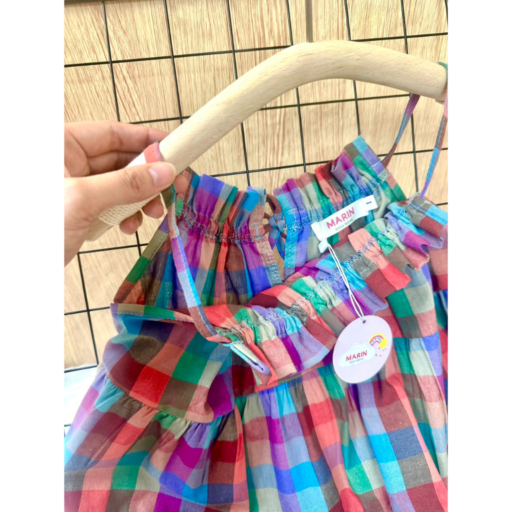 Váy 2 dây bé gái kẻ dáng xòe chất thô hàn xinh xắn, Váy đi biển mùa hè cho bé Marin kids M01