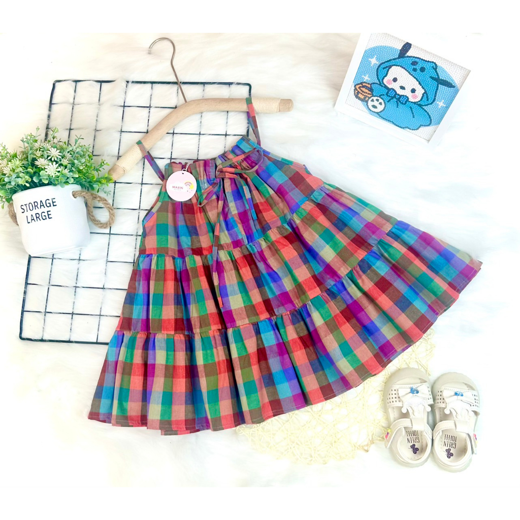 Váy 2 dây bé gái kẻ dáng xòe chất thô hàn xinh xắn, Váy đi biển mùa hè cho bé Marin kids M01