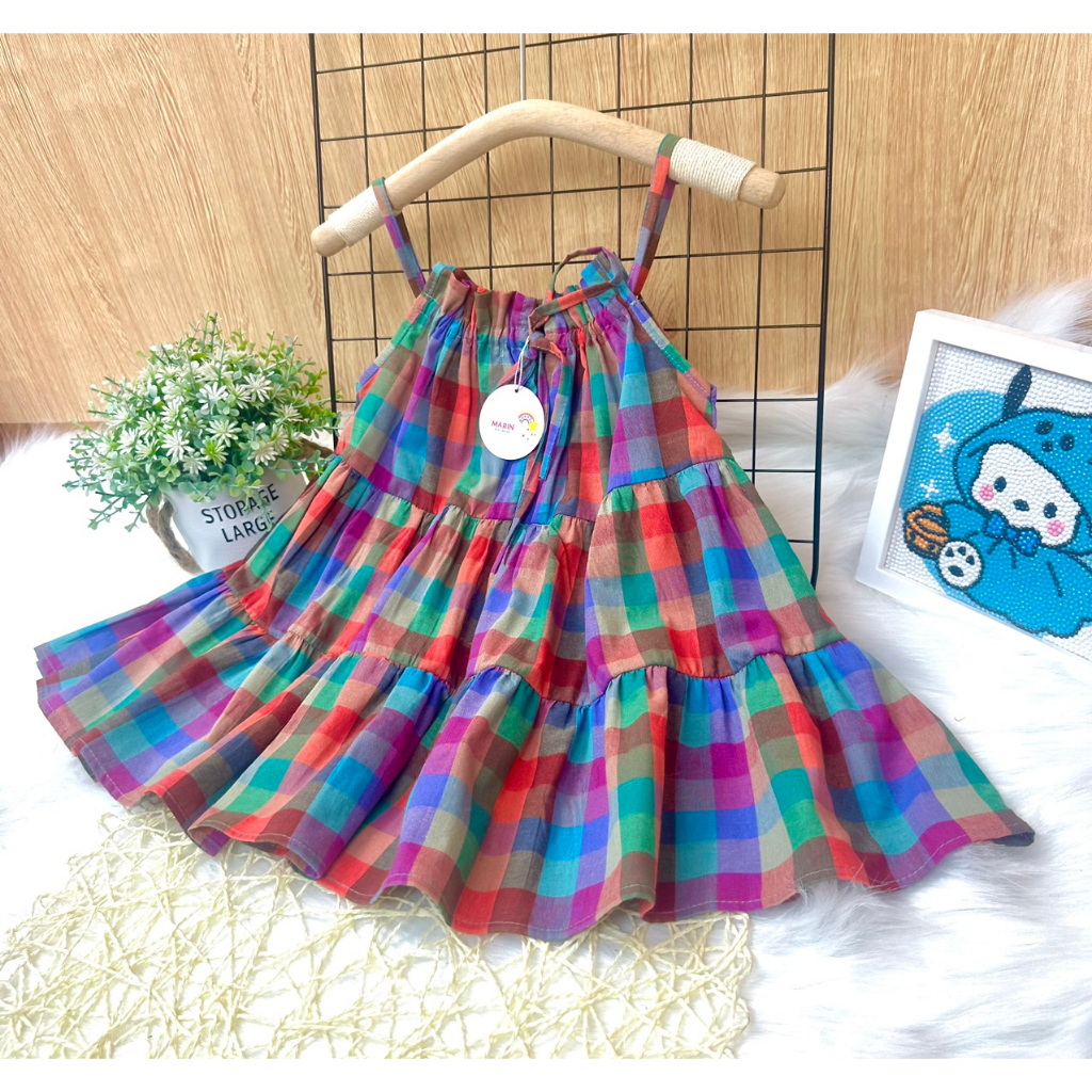 Váy 2 dây bé gái kẻ dáng xòe chất thô hàn xinh xắn, Váy đi biển mùa hè cho bé Marin kids M01