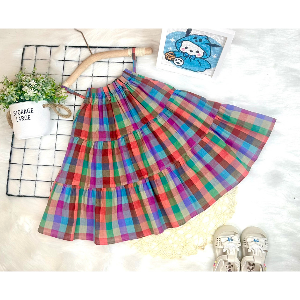 Váy 2 dây bé gái kẻ dáng xòe chất thô hàn xinh xắn, Váy đi biển mùa hè cho bé Marin kids M01