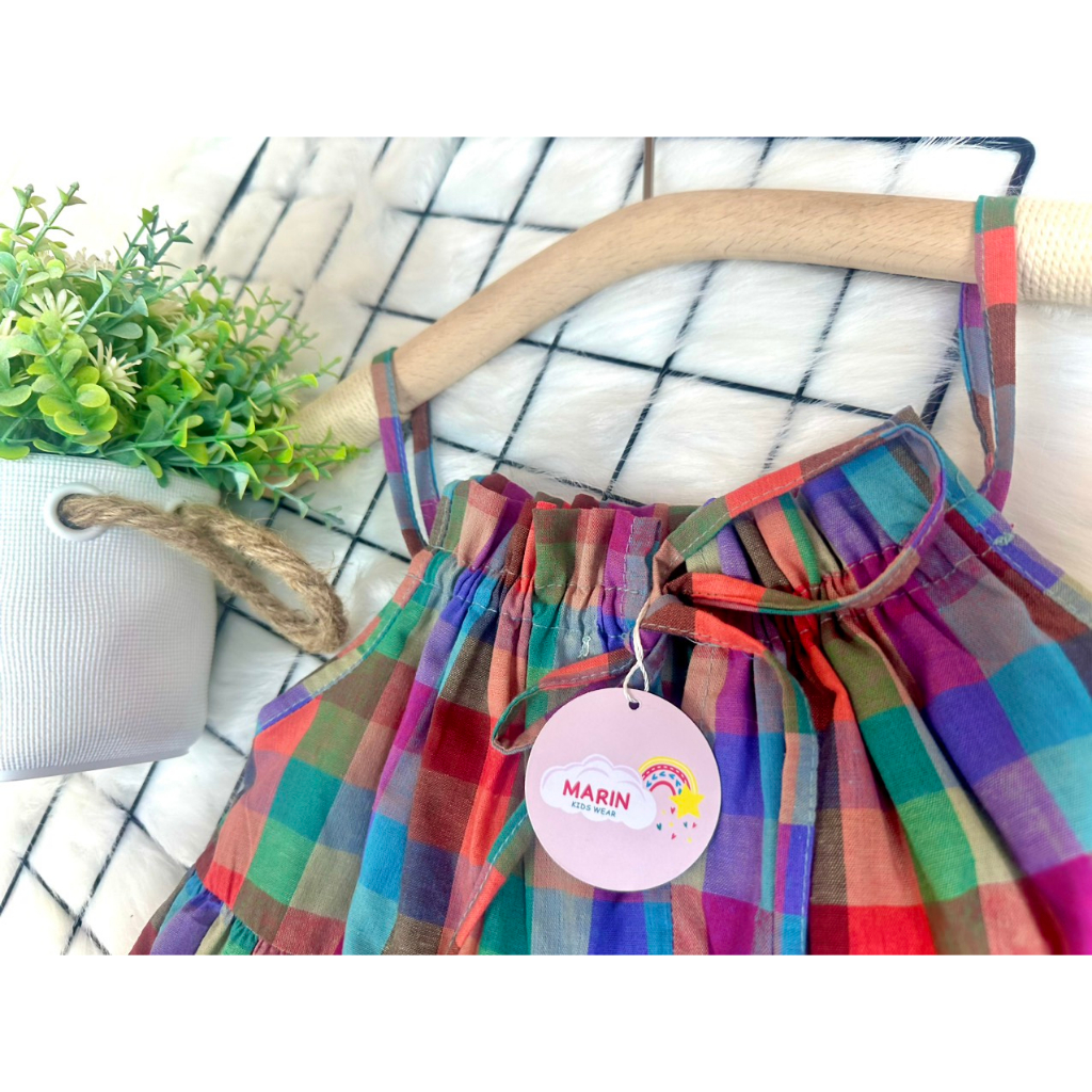 Váy 2 dây bé gái kẻ dáng xòe chất thô hàn xinh xắn, Váy đi biển mùa hè cho bé Marin kids M01