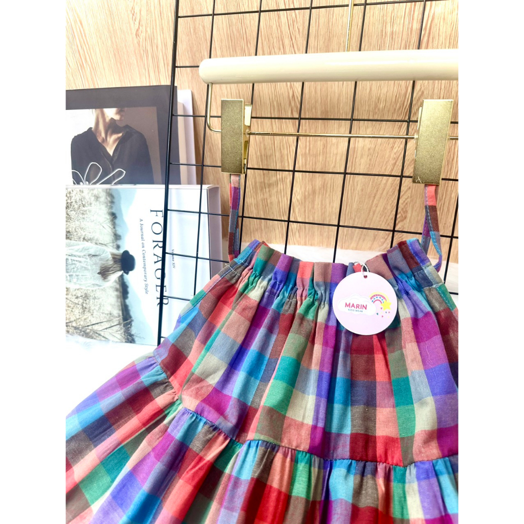 Váy 2 dây bé gái kẻ dáng xòe chất thô hàn xinh xắn, Váy đi biển mùa hè cho bé Marin kids M01