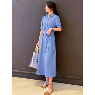 Đầm sơ mi xanh xẻ tà (kèm hình thật)