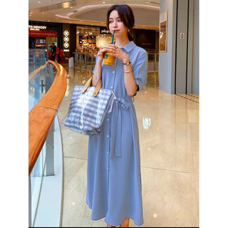 Đầm sơ mi xanh xẻ tà (kèm hình thật)