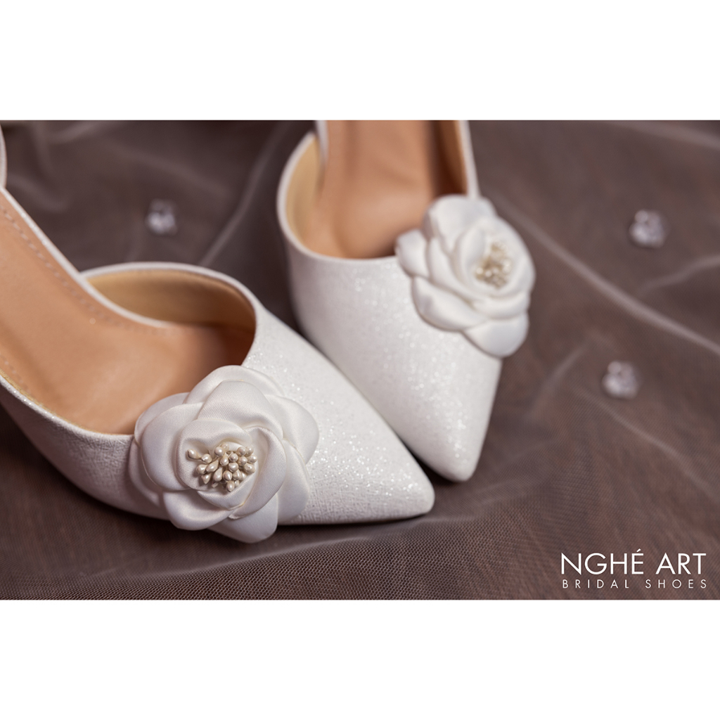 Giày cưới Nghé Art cao gót hoa trà 456