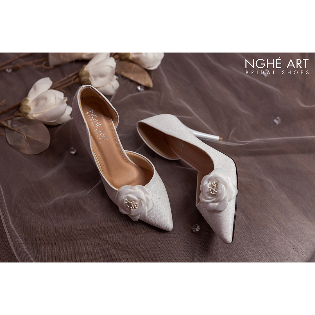 Giày cưới Nghé Art cao gót hoa trà 456