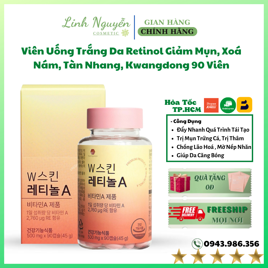 Viên Uống Trắng Da Retinol Giảm Mụn, Xoá Nám, Tàn Nhang, Cải Thiện Thâm Sạm Da Kwangdong 90 Viên