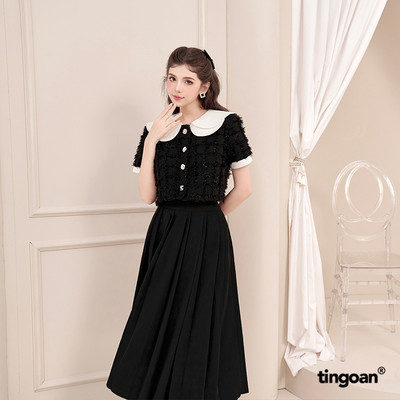 TINGOAN® - Chân váy dài lửng cạp cao đen xếp ly trước MING XI LONG SKIRT/BL