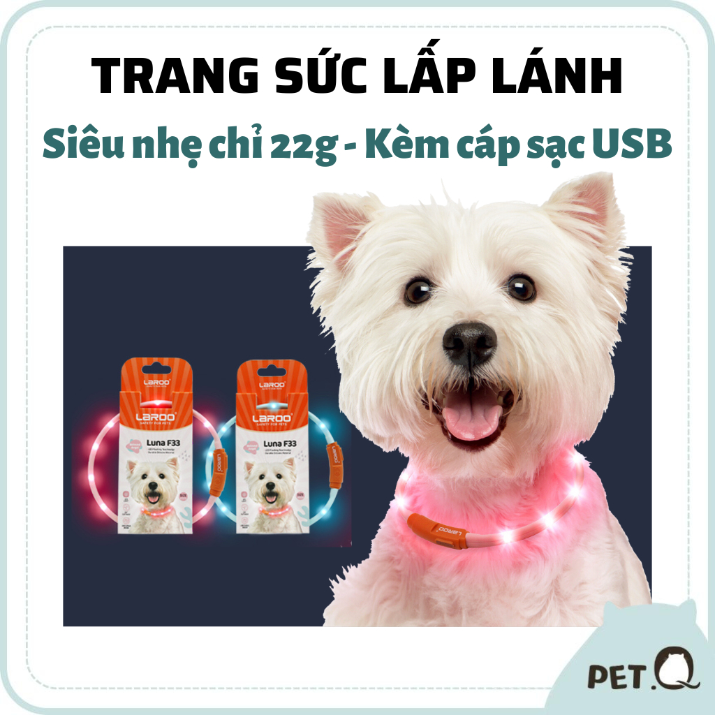 Vòng cổ thú cưng LAROO F33, Vòng cổ chó mèo phát sáng, Chống thấm nước, Kèm cáp sạc USB, Silicone mềm mại, 22g, 2 màu