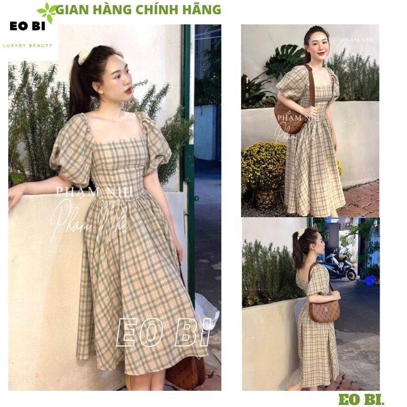 Váy thiết kế cổ vuông kẻ caro xanh tay bồng dáng xòe dài hot hit, Đầm maxi kẻ ô chất thô mềm lưng chun điệu đà - EOBI