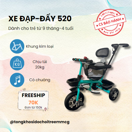 Xe đạp 3 bánh khung kim loại trẻ em mã 520 ( vừa làm xe đạp, vừa làm xe đẩy )