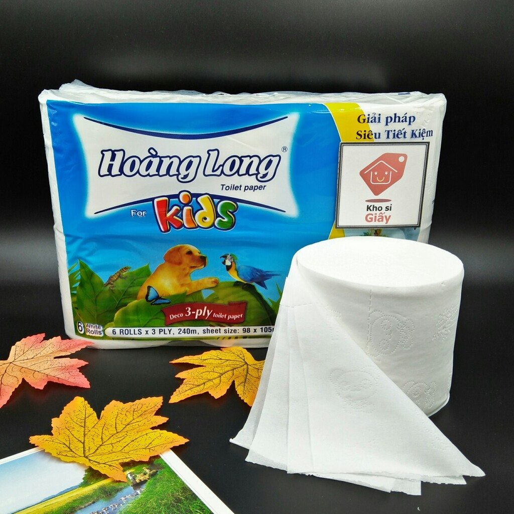 Lốc 6 cuộn giấy vệ sinh 4 lớp Hoàng Long Kids không lõi dai mềm mịn - Giấy cuộn nhỏ loại 1