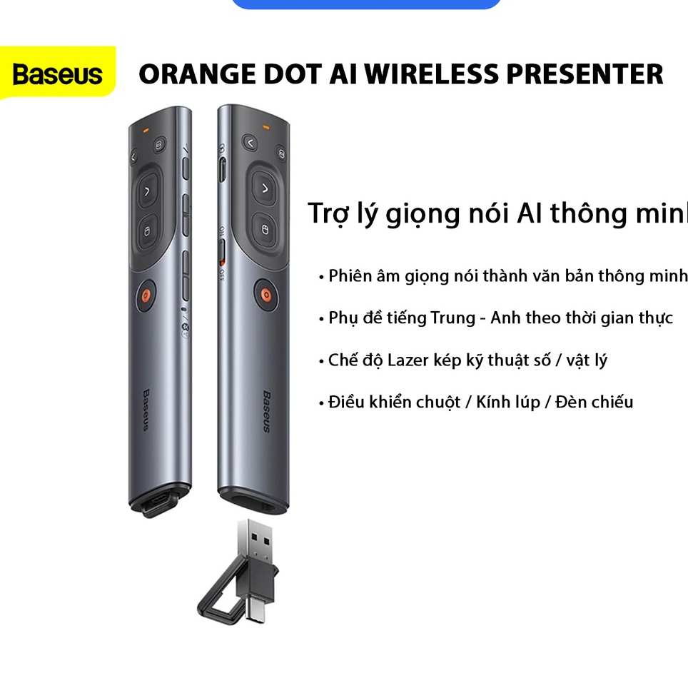 Bút Trình Chiếu Thông Minh Baseus Orange Dot AI Wireless Presenter(Sử Dụng Với Màn Hình TV & Nhận Diện Giọng Nói - 100m)