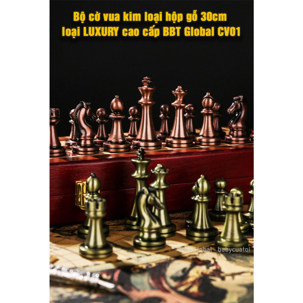 Bộ cờ vua kim loại hộp gỗ 30cm hàng cao cấp LUXURY BBT Global CV01-CD cổ điển