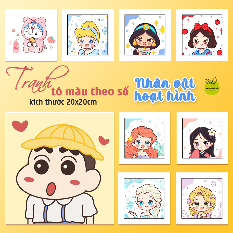 TRANH TÔ MÀU MADOCA CÓ KHUNG ĐÓNG GÓI OPP- Tranh sơn dầu số hóa Nhân Vật Hoạt Hình 20x20cm có khung ko hộp