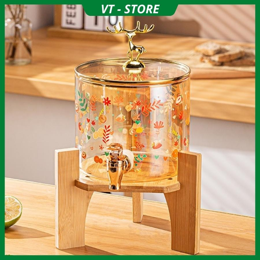 Bình nước bằng thuỷ tinh cao cấp hoạ tiết hoạt hình dễ thương, có nắp đậy, có vòi, kệ gỗ