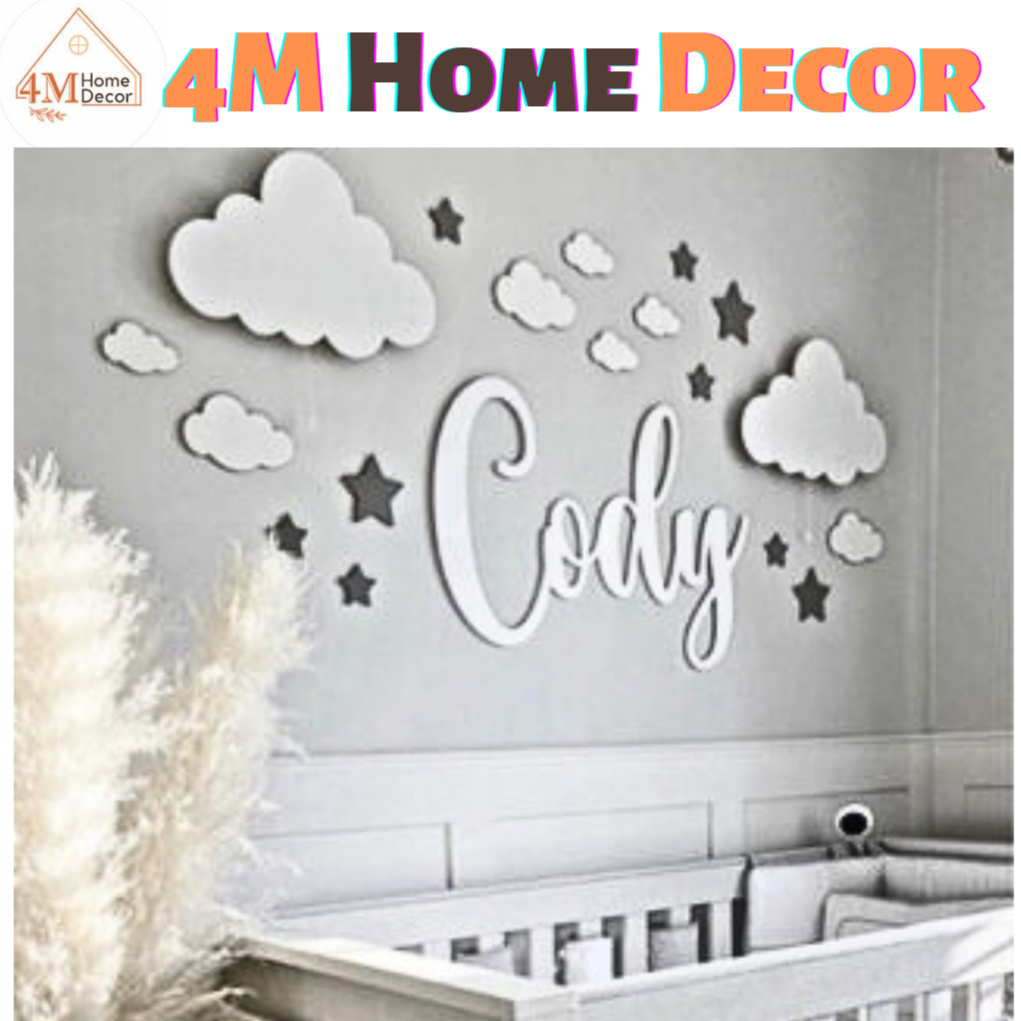 Bộ đám mây ngôi sao gỗ trang trí phòng bé và chữ tên theo yêu cầu, decor phòng bé xinh xắn, decor phòng bé