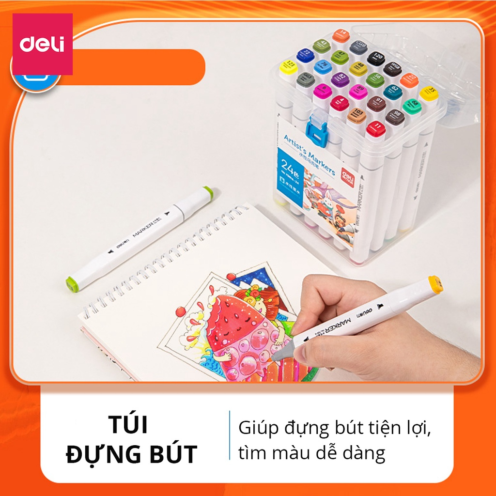 Bút Màu Dạ Marker 2 Đầu Chuyên Nghiệp Deli - Kèm Hộp Nhựa - 24/36/48/60 Màu Đậm, Mực Đều - Tô Màu, Đi Nét, Vẽ Tranh