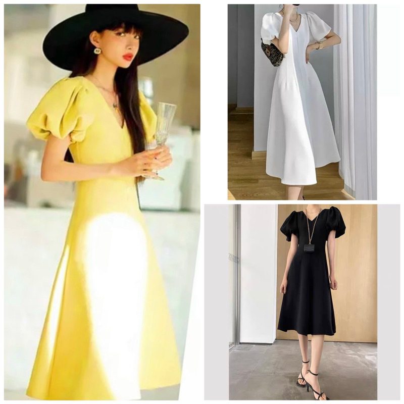 Đầm đi tiệc cổ V tay phồng 3 màu (kèm hình thật)