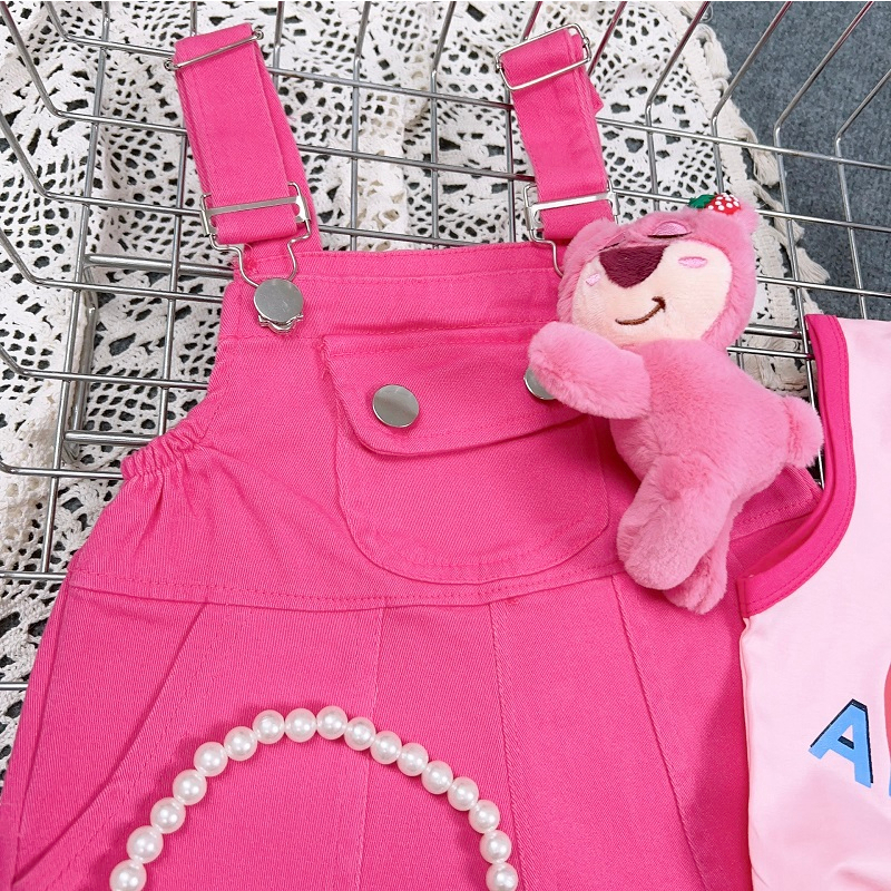 Set yếm bé gái màu hồng kèm áo phông cotton - Tặng gấu dâu đáng yêu cho bé gái từ 7 - 29kg