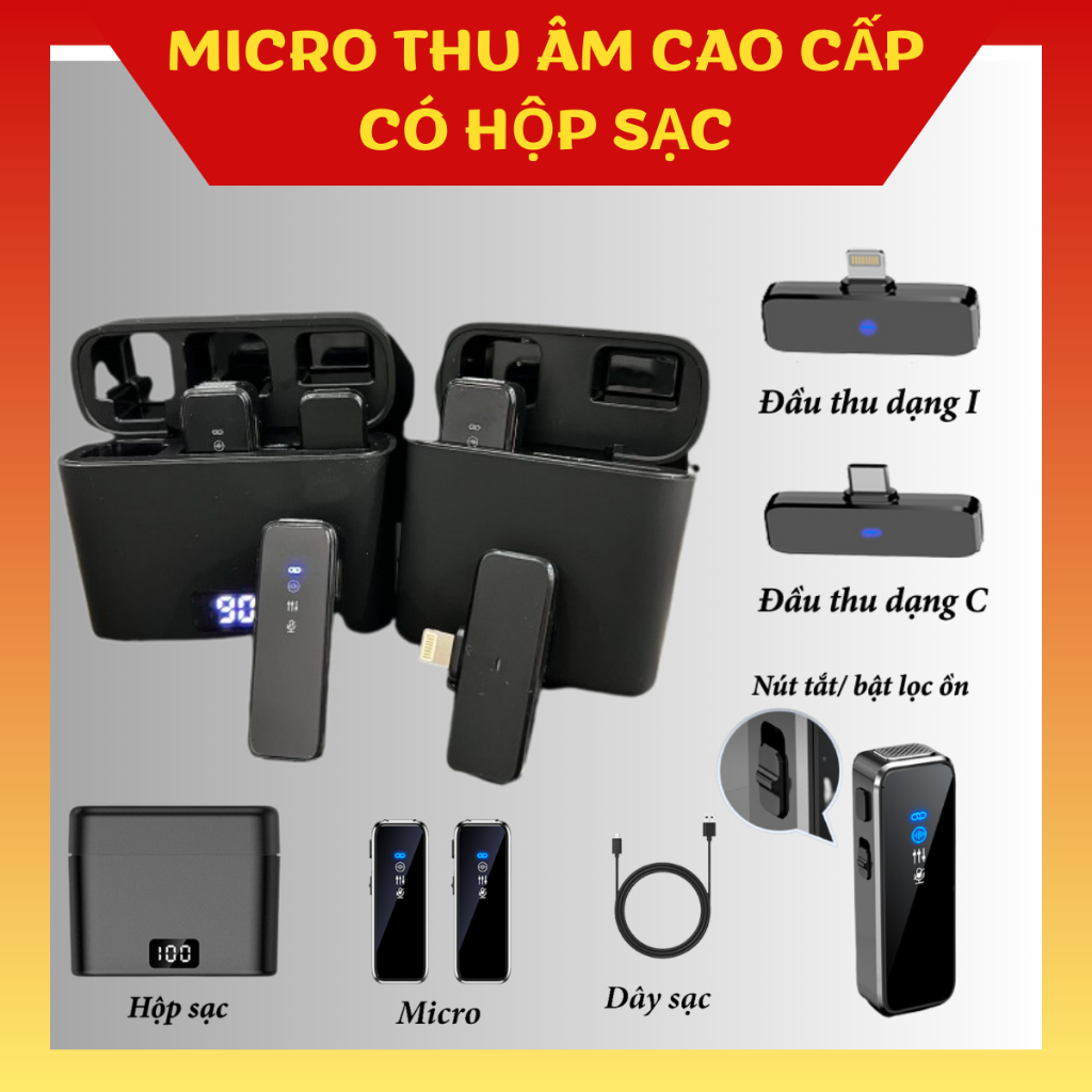 Micro thu âm không dây cài áo cao cấp hỗ trợ âm thanh có hộp sạc