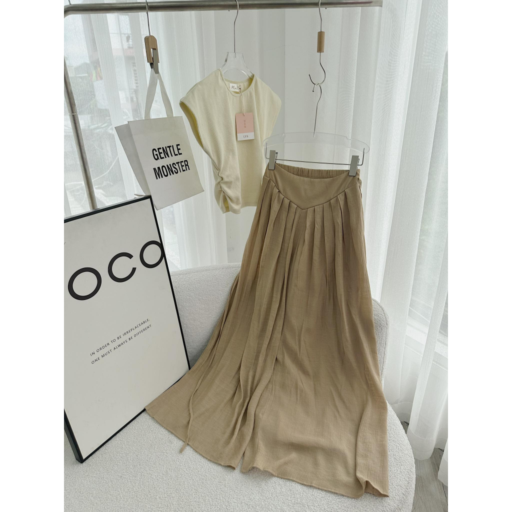 SET ÁO NUDE TAY DƠI + CHÂN VÁY MIDI NÂU