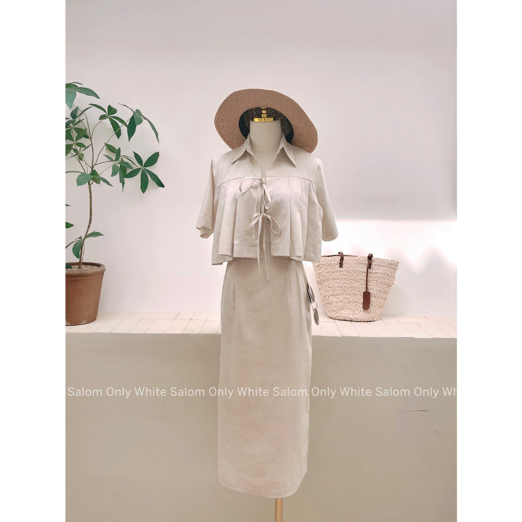Set freesize Áo kiểu cột nơ trước và Chân váy Linen SALOM - Ani Set