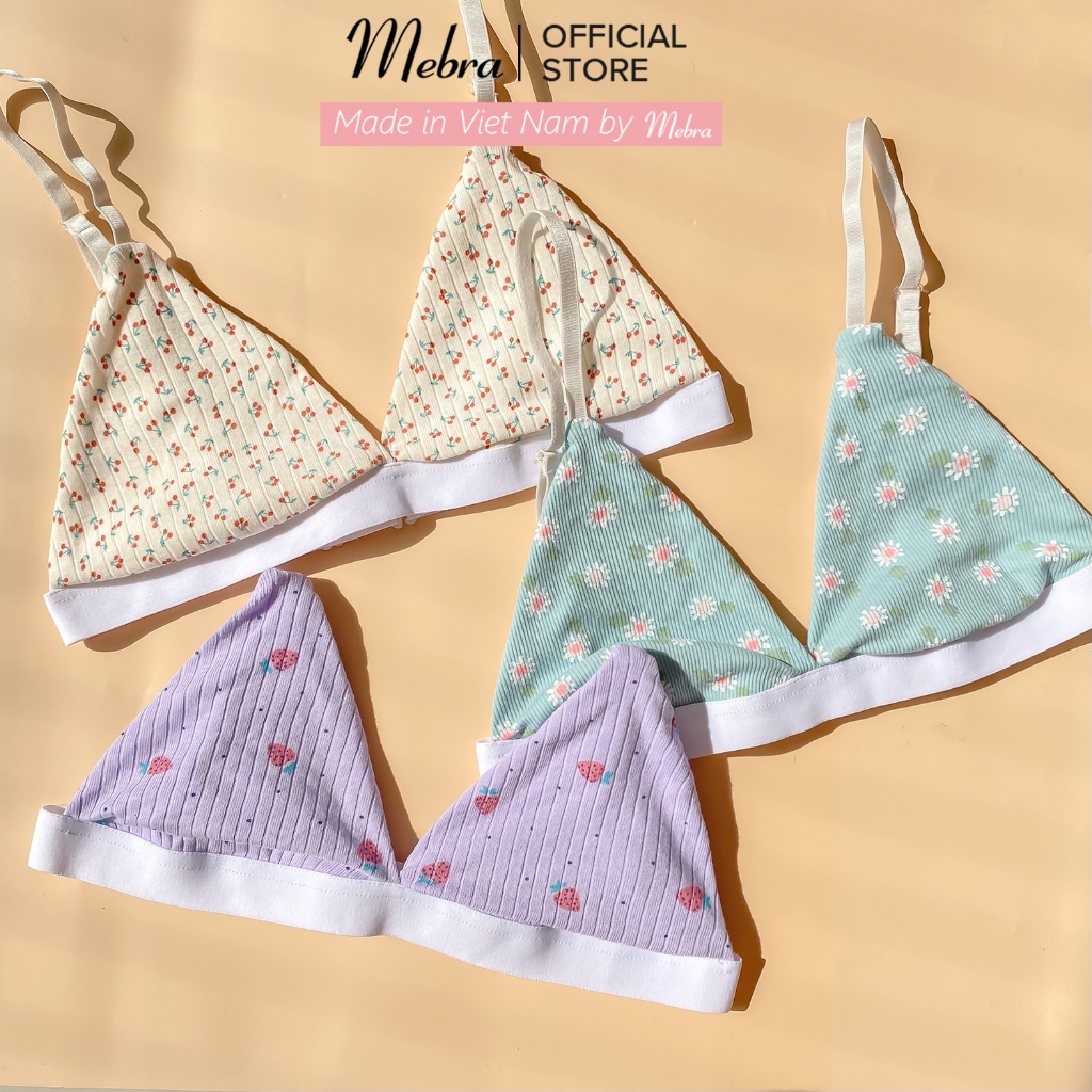 Áo lót bra cotton gân nền be hoạ tiết cherry không gọng mút mỏng mát mẻ co giãn thoải mái mùa hè Mebra