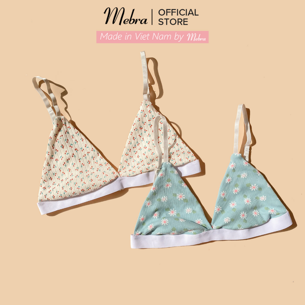 Áo lót bra cotton gân nền be hoạ tiết cherry không gọng mút mỏng mát mẻ co giãn thoải mái mùa hè Mebra