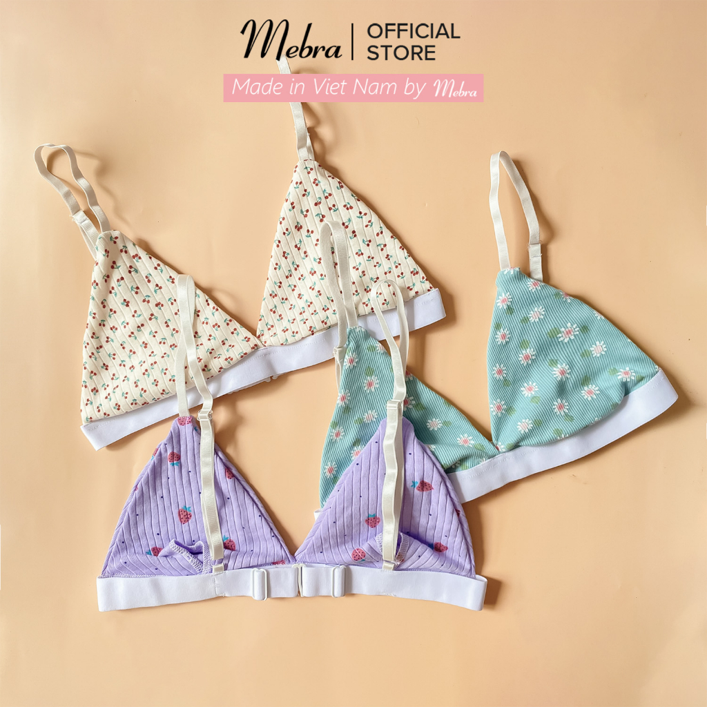 Áo lót bra cotton gân nền be hoạ tiết cherry không gọng mút mỏng mát mẻ co giãn thoải mái mùa hè Mebra
