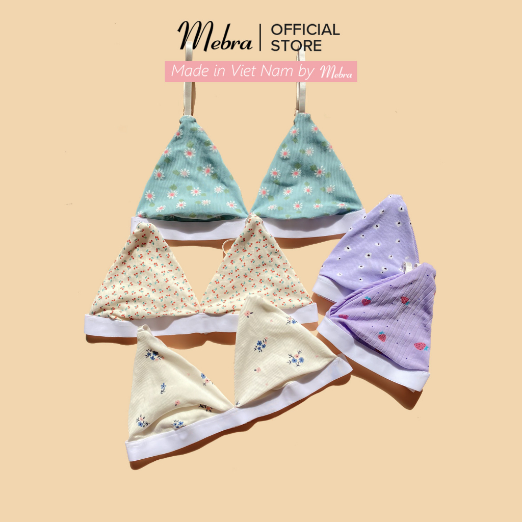 Áo lót bra cotton gân nền be hoạ tiết cherry không gọng mút mỏng mát mẻ co giãn thoải mái mùa hè Mebra