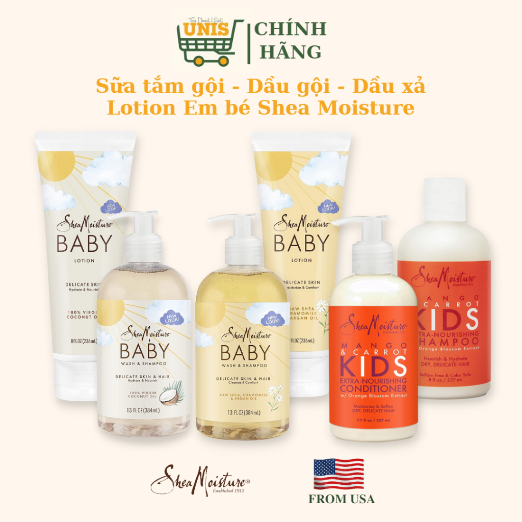 Sữa Tắm Gội - Lotion - Kem Dưỡng Ẩm Em Bé và Sơ Sinh SHEA MOISTURE (Mẫu mới)