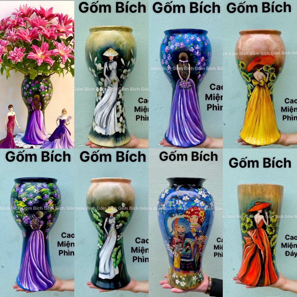 Bình Hoa Gốm Lọ Hoa Tím Vẽ Sơn Cô Gái 3D Nhiều Mẫu Gốm Sứ Bát Tràng - Gốm Bích