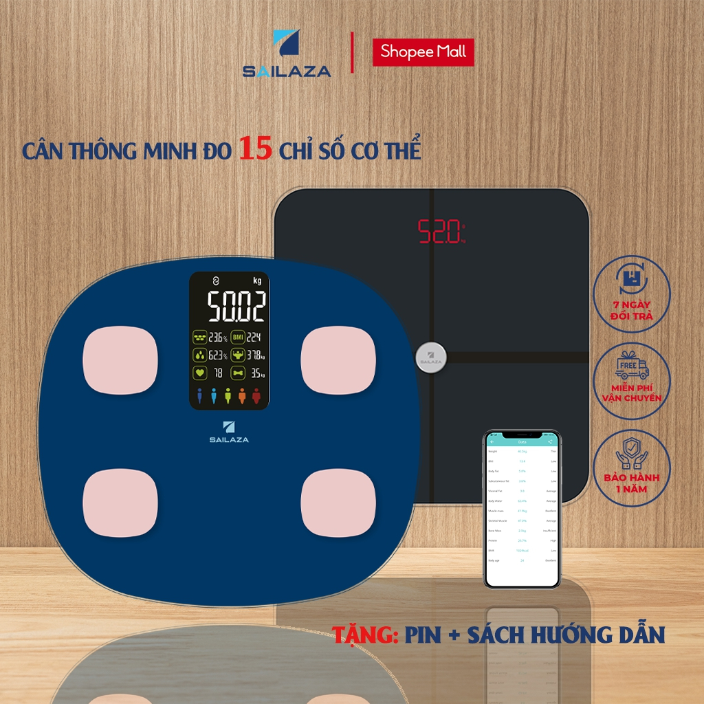 Cân Sức Khỏe, Cân Điện Tử Thông Minh Phân Tích Chỉ Số Cơ Thể Chính Hãng Sailaza