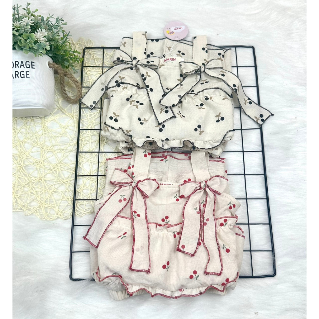 Bộ bé gái mùa hè, Bộ 2 dây hoa nhí thắt nơ dễ thương cho bé gái, Set bộ hai dây đi học bé gái Marin Kids M06