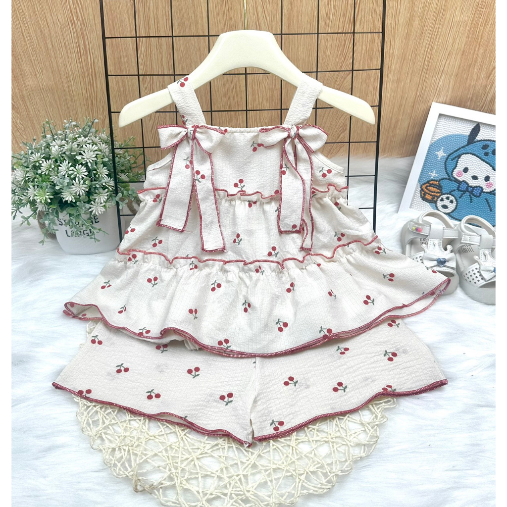 Bộ bé gái mùa hè, Bộ 2 dây hoa nhí thắt nơ dễ thương cho bé gái, Set bộ hai dây đi học bé gái Marin Kids M06