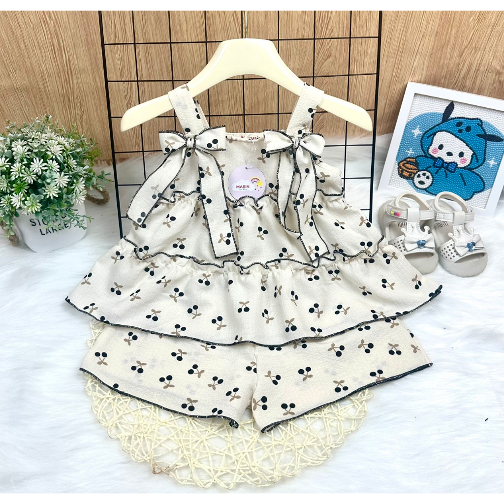 Bộ bé gái mùa hè, Bộ 2 dây hoa nhí thắt nơ dễ thương cho bé gái, Set bộ hai dây đi học bé gái Marin Kids M06