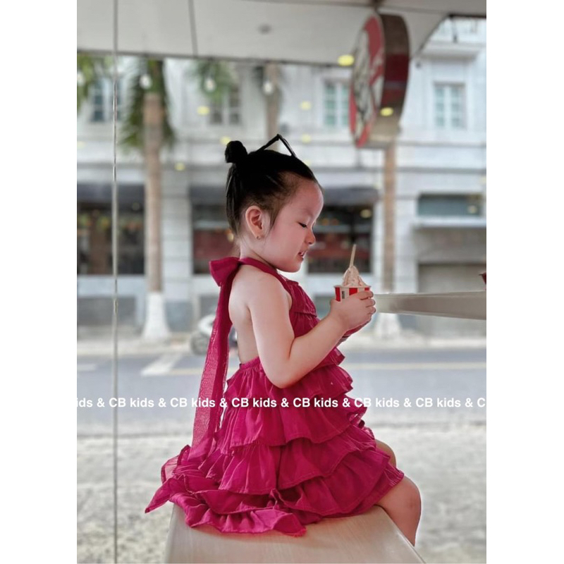 8-28kg váy voan tầng cổ yếm nơ sau cho bé gái, váy mùa hè cho bé, váy đi tiệc cho bé