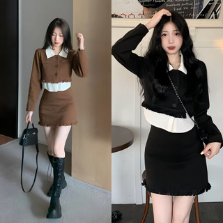 Set sơmi croptop tay dài mix chân váy ngắn tua rua