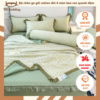 Bộ chăn ga gối cotton đũi 5 món beo ren quanh đệm, set chăn trần bông mỏng kèm ga trần viên bèo bọc đệm cao đến 32cm _TN