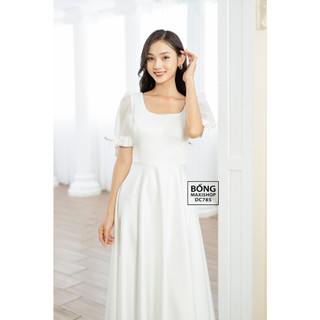 ĐẦM VÁY PN Trắng Cổ Vuông U Tay Phồng DC785