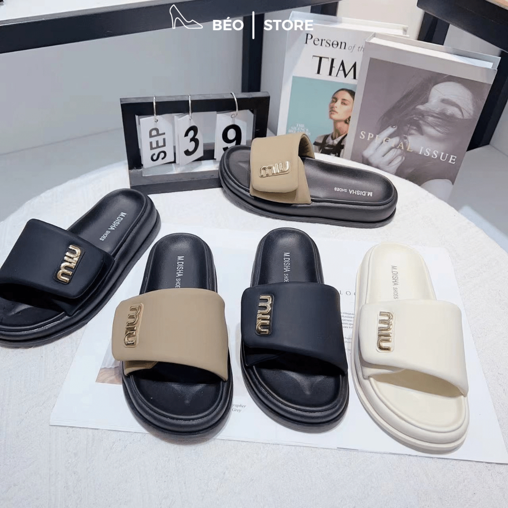 Dép bánh mì quai ngang Miu đế cao 5cm da mềm phong cách Hàn Quốc